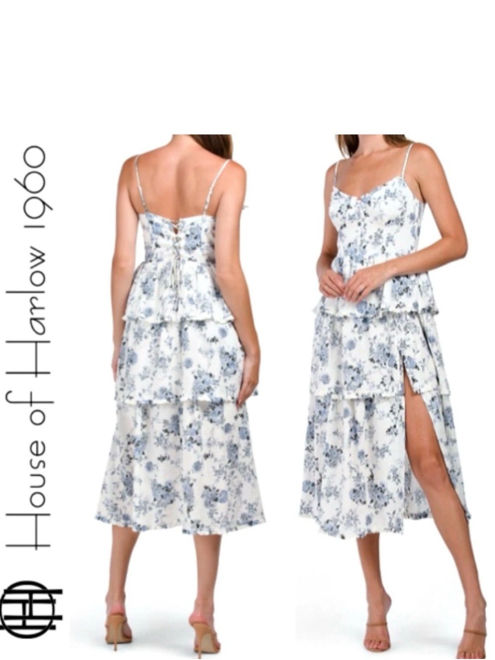 House Of Harlow 1960 White/Blue Floral Linen Blend Tiered Ruffle Dress Tie Back